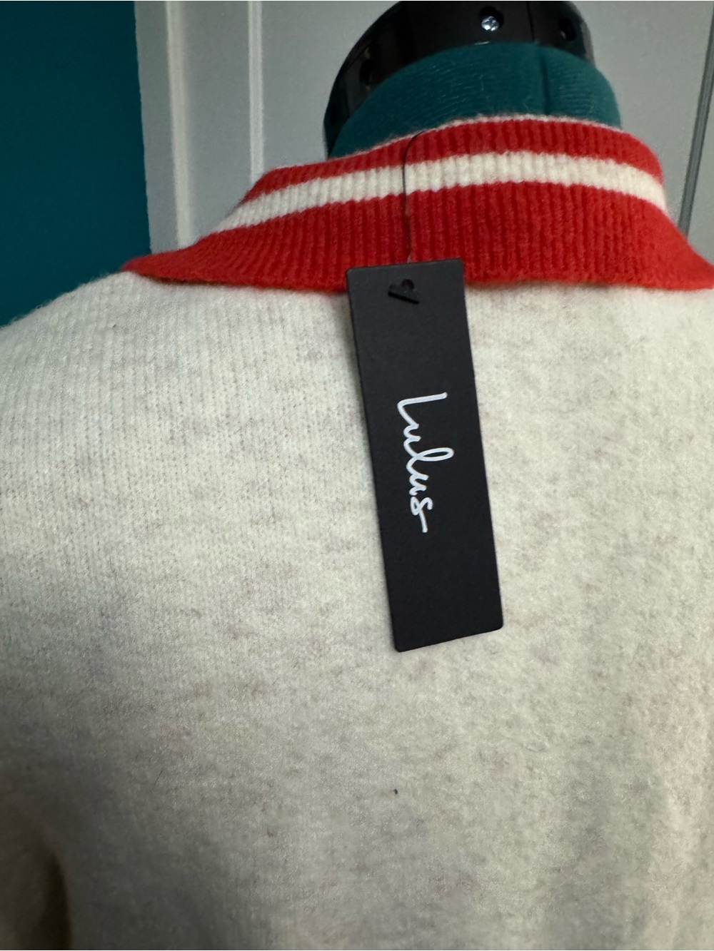 Lulu's Cream V-Neck Sweater Dress with Red Trim - Picture 4 of 8